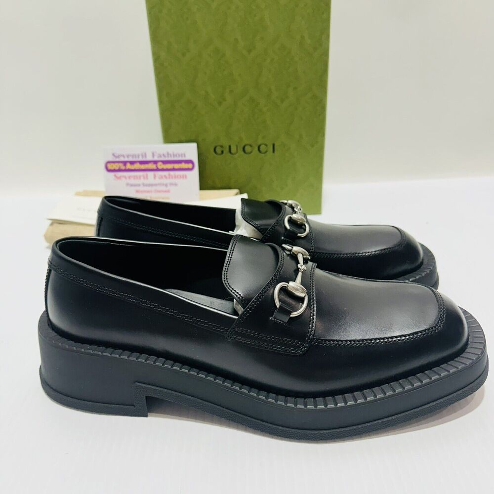 Gucci Horsebit Chunky Loafers Lug Sole Black Leather Shoes G 9/ US 9.5 NIB $990 - Picture 5 of 13